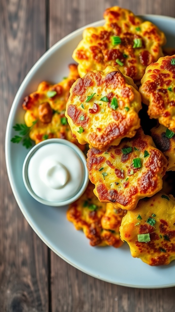 Crispy bacon and zucchini fritters served with sour cream on a wooden table.